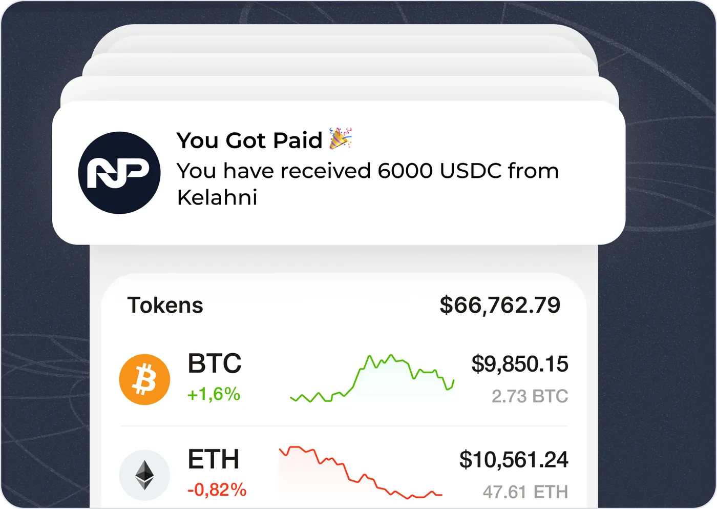 Crypto payment notification and token balances